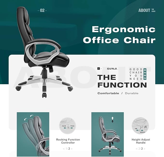 GUNJI Office Chair PU Leather High Back Executive Chair Ergonomic Computer Chair, Modern Adjustable Home Desk Chair Swivel Managerial Chair with Padded Armrests and Lumbar Support (Black)