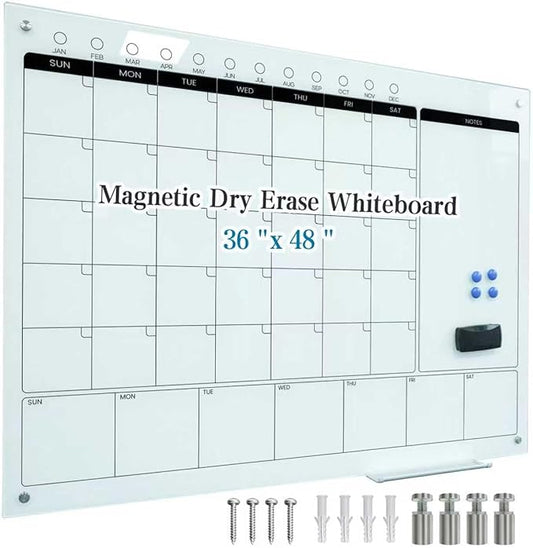 Magnetic Glass Whiteboard Calendar 48"x36" Glass Dry Erase Calender Board 36"x48" Monthly Plan White GlassBoard Wall Mounted for Office School Home (White)