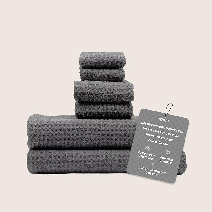 Italic Sedona Luxe Waffle Towel Set, 410 GSM 6-Piece 100% Cotton Set with 2 Bath Sheets, 2 Hand Towels & 2 Washcloths, Spa-Quality (Charcoal)