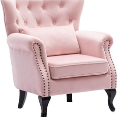 Mid Century Accent Chair for Living Room, Velvet Button Tufted Armchair Wingback Club Chair Single Sofa Lounge Chair with Pillow for Reception/Bedroom, Pink