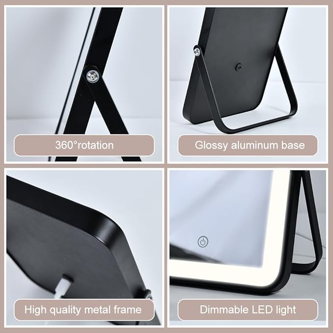 Rechargeable Makeup Vanity Mirror with Lights, Small Desk Makeup Mirror with Lights, 3 Lighting Modes, Dimmable Touch Screen, Tabletop Light up Mirror