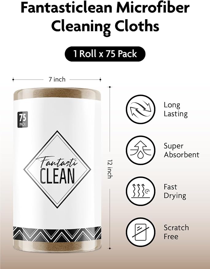 Fantasticlean Microfiber Cleaning Cloth Roll -75 Pack, Tear Away Microfiber Towels, 12" x 12", Reusable, Washable, Scratch Free, Ultra Absorbent for All-Around Cleaning Supplies (TAN)