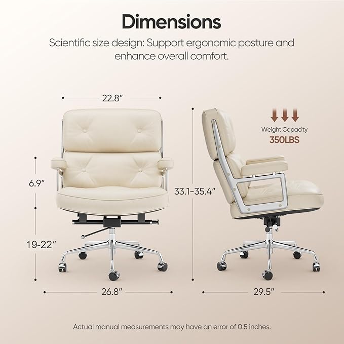 Home Office Chair with Top Grain Leather, Padded Armrests, Mid-Back Upholstered Executive Leather Desk Chair, Aluminum Frame, Adjustable Height, 360 Swivel, Rolling Wheels, 350lbs Capacity