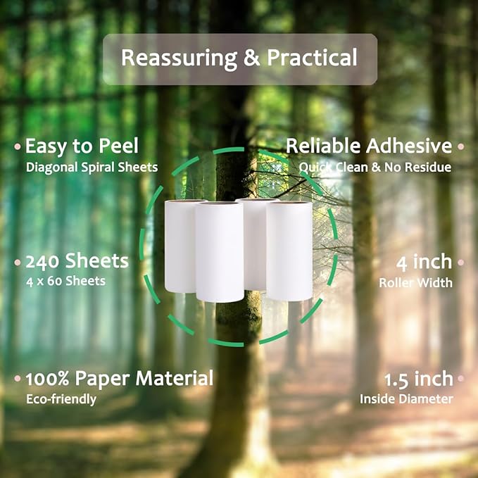 Lint Roller Refills 4 inch Extra Sticky Pet Hair Roller Replacement Refills Only, Inside Diameter 1.5 inch, 60 Sheets per Roll (Pack of 4, Total 240 Sheets)