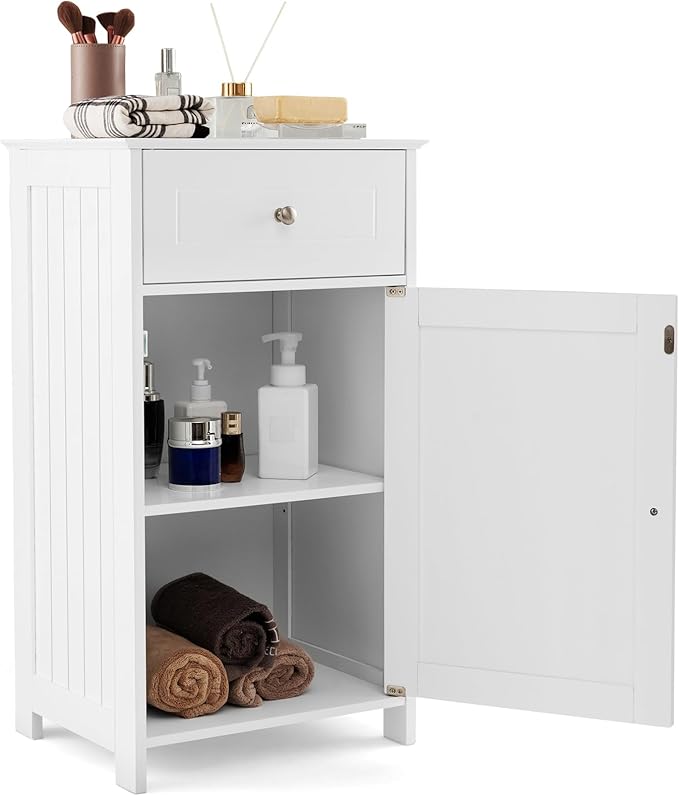 Tangkula Small Bathroom Cabinet for Small Spaces, Freestanding Single Door Bathroom Storage with Adjustable Shelf, Anti-Tipping Device, Smooth Drawer, Floor Cabinet for Living Room