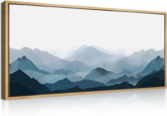 Blue Framed Mountain Landscape Wall Art Fog Mountain Painting Wall Decor for Bedroom Living Room Office Decor 20x40 Inch