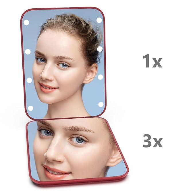 Kintion Pocket Mirror, 1X/3X Magnification LED Compact Travel Makeup Mirror with Light for Purse, 2-Sided, Portable, Folding, Handheld, Small Lighted Mirror for Gift, Wine Red