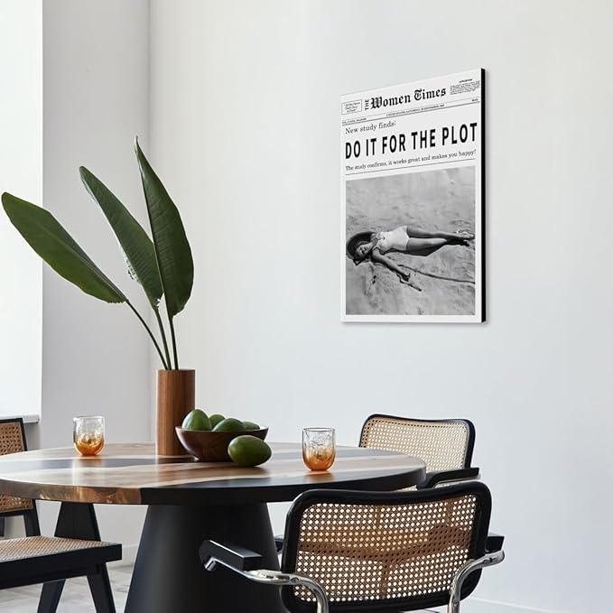 Vintage Women Times Do It for The Plot Wall Art Trendy Black and White Canvas Print Poster Vintage Woman Times Newspaper Prints Beachy Hot Girl Wall Decor for Bar Cart Girls Dorm Bedroom 24x36inch Framed