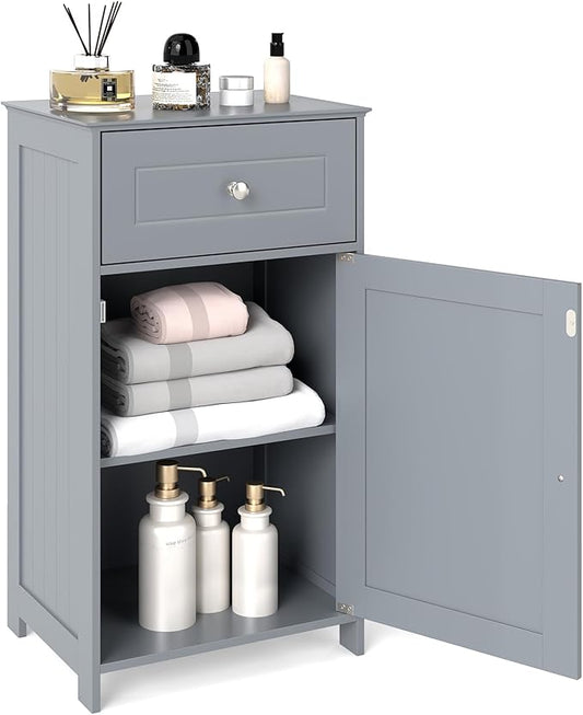 Tangkula Small Bathroom Cabinet for Small Spaces, Freestanding Single Door Storage with Adjustable Shelf, Anti-Tipping Device, Smooth Drawer, Floor Cabinet for Bathroom & Living Room (Gray)