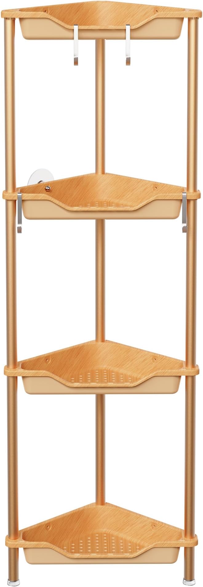 Orimade Rustproof 4 Tier Floor Standing Corner Shower Caddy Organizer, Plastic Aluminum Splicing Floor Corner Shelf Rack Storage Stands for Bathroom, Wood Grain Surface