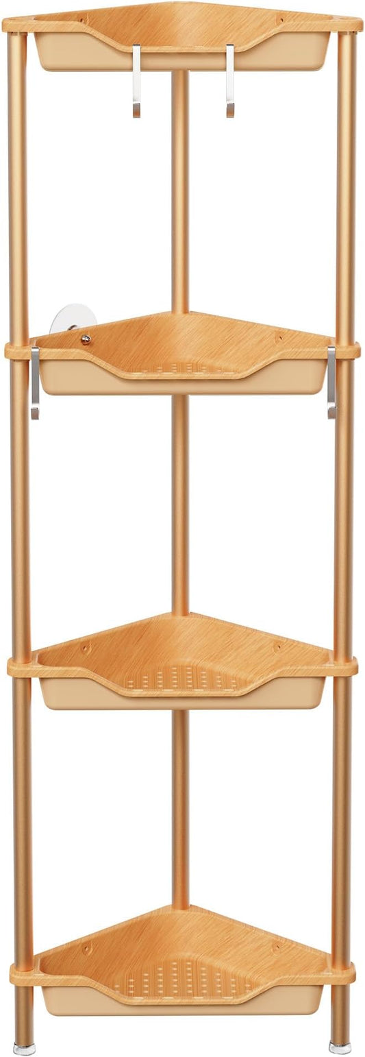 Orimade Rustproof 4 Tier Floor Standing Corner Shower Caddy Organizer, Plastic Aluminum Splicing Floor Corner Shelf Rack Storage Stands for Bathroom, Wood Grain Surface