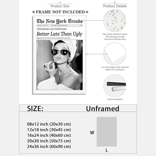 New York Trends Wall Art Black and White Newspaper Better Late Than Ugly Poster Canvas Prints Funky Feminist Posters Trendy College Wall Decor for Bar Cart Girl Dorm Room Bathroom Decorative 12x16inch Unframed