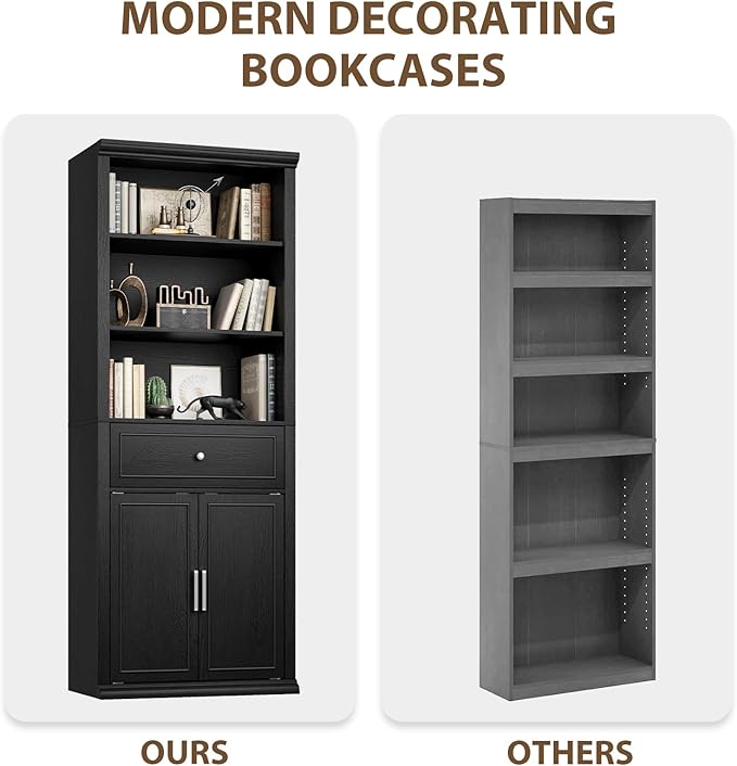 Rresyet Bookcase, 6 Tier Black Bookshelf 28" W Tall Minimalist Bookshelves with Storage Cabinet Suitable for Offices, Libraries, Living Rooms