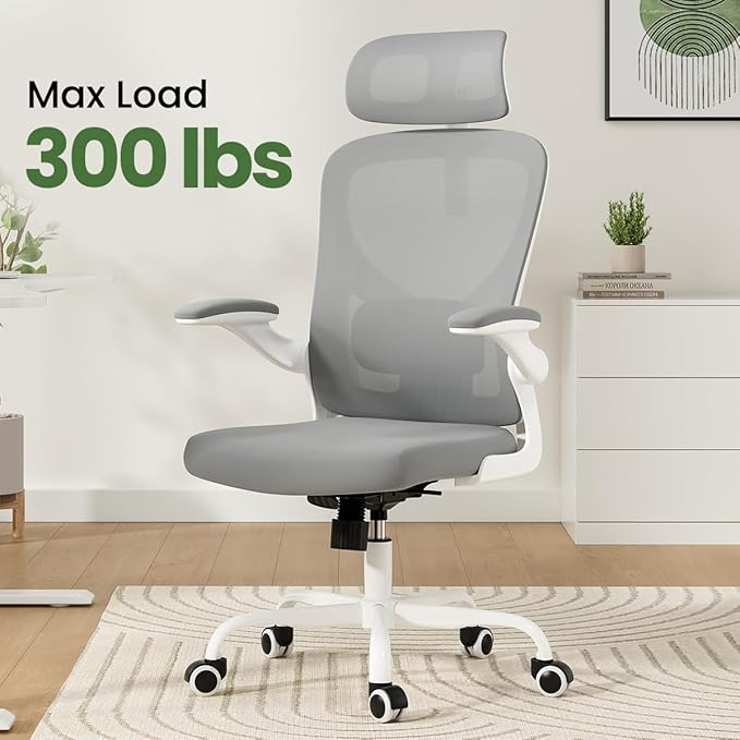 Soohow Office Chair, Ergonomic Office Mesh Desk Chair with Adjustable Back Support, High Back Comfy Computer Swivel Chair with Headrest, Lumbar Support for Study Room, Gaming and Office, White & Grey