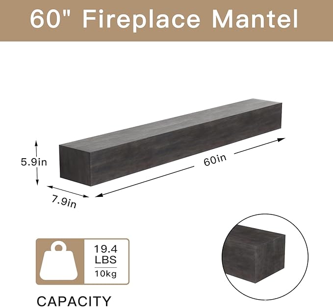 Fireplace Mantel Shelve, Solid Wood Baked Finish Wall-Mounted Floating Shelf for Over Fireplace, Handcrafted Floating Fireplace Mantels with Wooden Bracket, 60 x 8 x 6 Inches