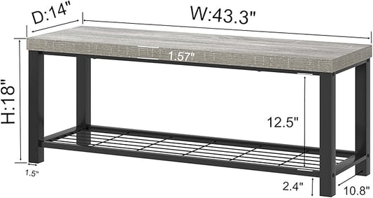 FOLUBAN Entryway Bench, Rustic Wood and Metal Shoe Storage Bench for Hallway Front Door Entrance, Industrial Indoor Bench for Bedroom Living Room, 43.3 Inch Light Grey
