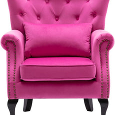 Mid Century Accent Chair Modern Button Tufted Armchair Wingback Club Chair Velvet Single Sofa Lounge Chair with Pillow for Living Room Bedroom, Rose Pink