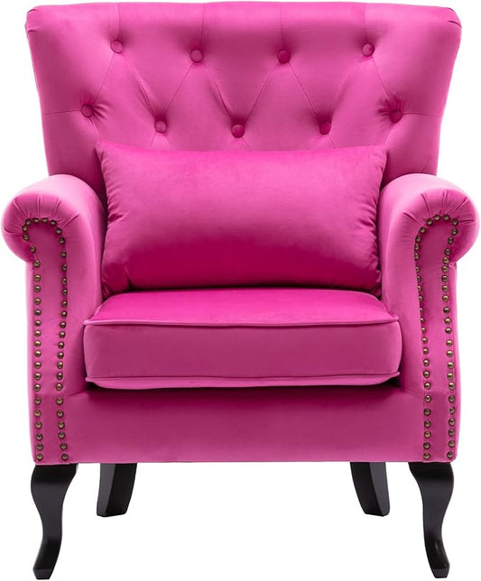 Mid Century Accent Chair Modern Button Tufted Armchair Wingback Club Chair Velvet Single Sofa Lounge Chair with Pillow for Living Room Bedroom, Rose Pink