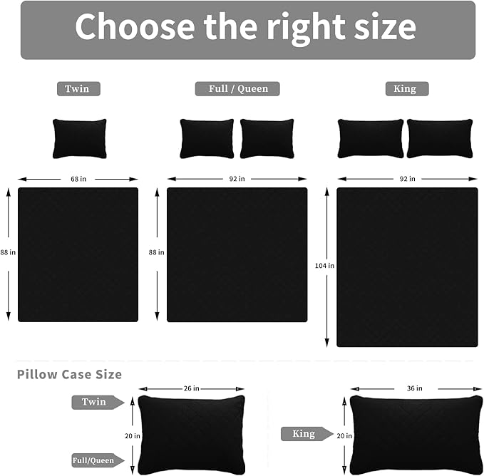 Easy-Going King Size Reversible Quilt Set with 1 Quilt and 2 Pillow Shams, Soft Bed Quilt Cover, Water Resistant Lightweight Microfiber Bedspread, Stain Resistant, Black/Beige