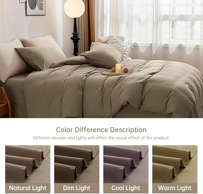 JELLYMONI Khaki Duvet Cover Queen Size - 100% Washed Cotton Linen Like Textured Comforter Cover, 3 Pieces Breathable Soft Bedding Set with Zipper Closure (Khaki, Queen 90"x90")