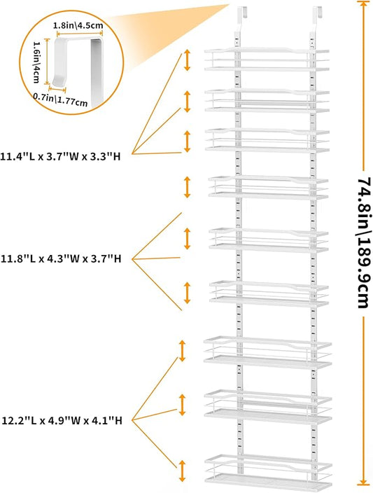 Moforoco White Narrow 9-Tier Over The Door Pantry Organizer, Pantry Organization and Storage, Metal Hanging Basket Wall Spice Rack Seasoning Shelves, 12.2"