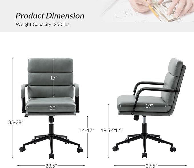 HULALA HOME Modern Faux Leather Home Office Chair with Tilt Lock & Metal Base, Desk Chair with Wheels & Padded Cushion, 360° Swivel Wide Seat Computer Task Chair, Sage