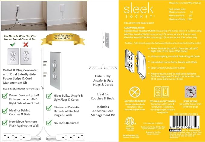 Sleek Socket Original & Patented Ultra-Thin Outlet Concealer With Cord Kit, Flat Extension With Multi Outlets Power Strip, Ideal for Home Improvement, Hide Bulky and Messy Cords