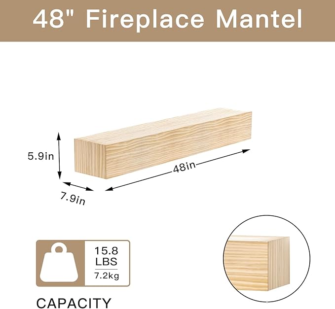 Fireplace Mantel Shelve, Solid Wood Baked Finish Wall-Mounted Floating Shelf for Over Fireplace, Handcrafted Floating Fireplace Mantels with Wooden Bracket, 48 x 8 x 6 Inches