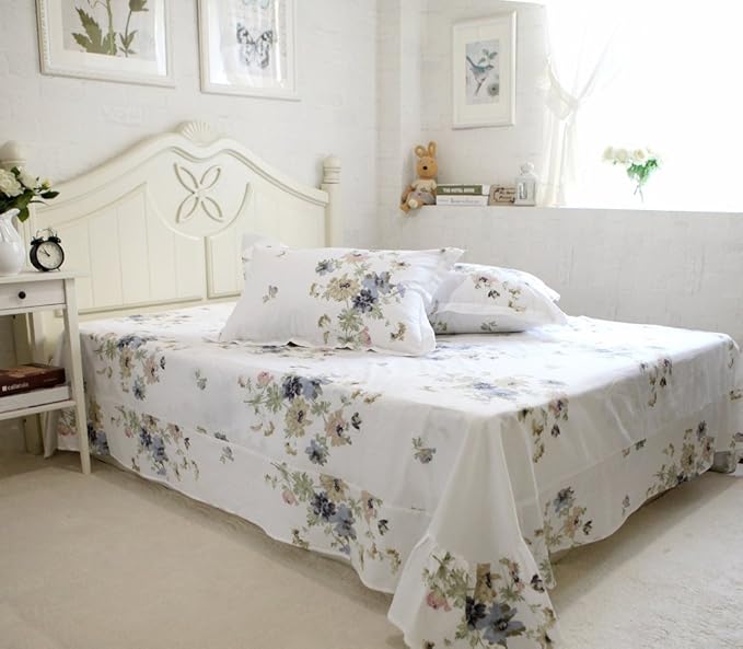 FADFAY 4-Piece Shabby White Floral Bed Sheet Set Cotton Bed Sheets, Cal. King