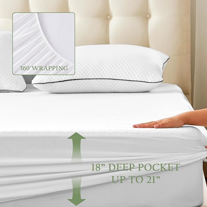100% Waterproof Full Mattress Protector, Breathable Bamboo Rayon Mattress Cover with 8”-21” Deep Pocket, Noiseless Cool 3D Air Mattress Cover, Hypoallergenic & Odor Resistant