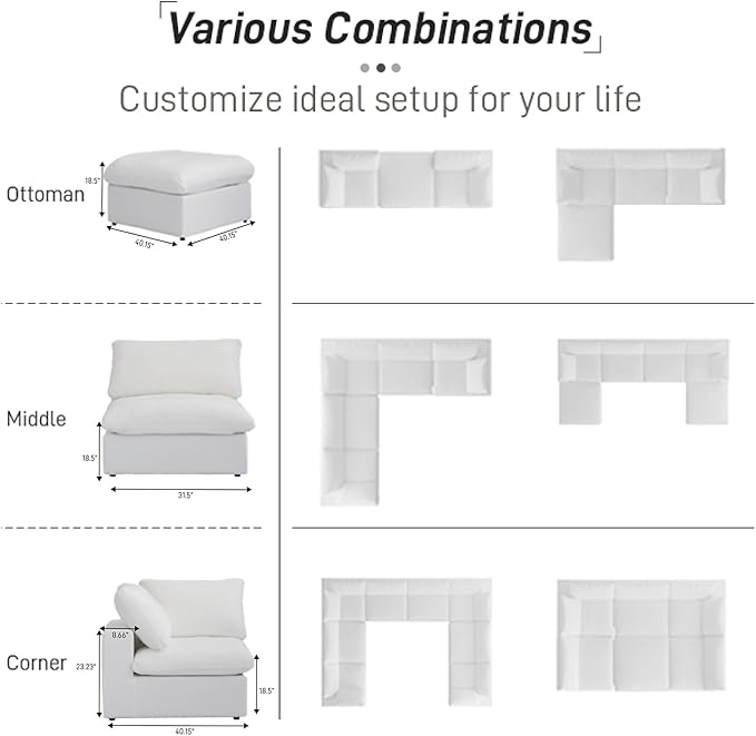 Cloud Modular Sectional Sofa Couch,Oversized U Shaped Couch 6 Seater for Living Room,160.6" Down Filled Convertible Couches with Storage Ottoman, Covers Washable&Replaceable,White