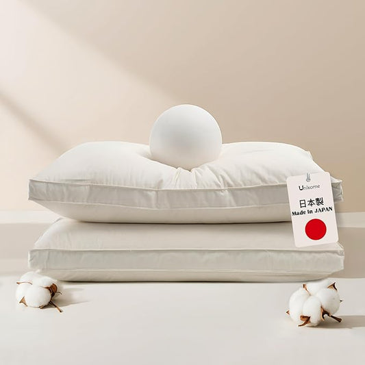 UNIKOME White Goose Down Feather Gusseted Pillows - 100% Organic Cotton Cover - King Size Pillow Set of 2, Made in Japan Pillow for Sleeping