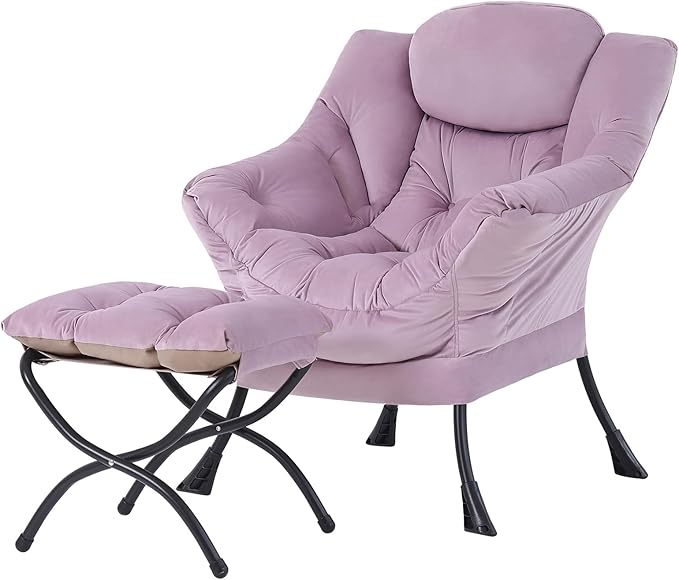 Tiita Lazy Chair with Ottoman, Modern Large Accent Lounge Armchair, Comfy Leisure Sofa Reading Chair with Footrest for Bedroom, Living Room, Dorm Rooms, Garden and Courtyard, Velvet Light Purple