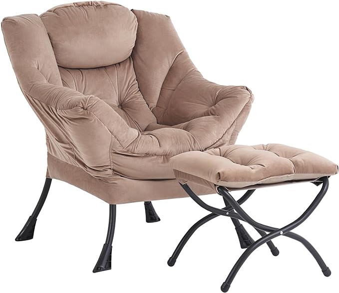 Lazy Chair and Ottoman, Large Accent Lounge Chair with Armrests and a Side Pocket, Modern Leisure Upholstered Sofa Reading Armchair with Footrest for Bedroom, Living Room, Dorm Rooms, Office