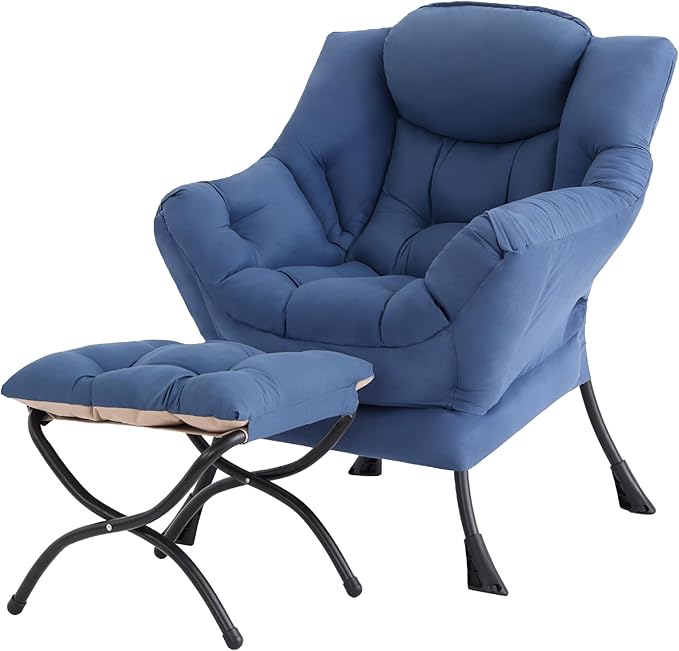 Tiita Lazy Chair with Ottoman, Modern Large Accent Lounge Armchair, Comfy Leisure Sofa Reading Chair with Footrest for Bedroom, Living Room, Dorm Rooms, Garden and Courtyard, Blue