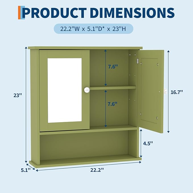22.2 Inch Mirrored Medicine Cabinet for Bathroom, Over Toilet Wall-Mounted Storage Cabinet with Adjustable Shelf, Waterproof MDF Cabinet for Bathroom Organization