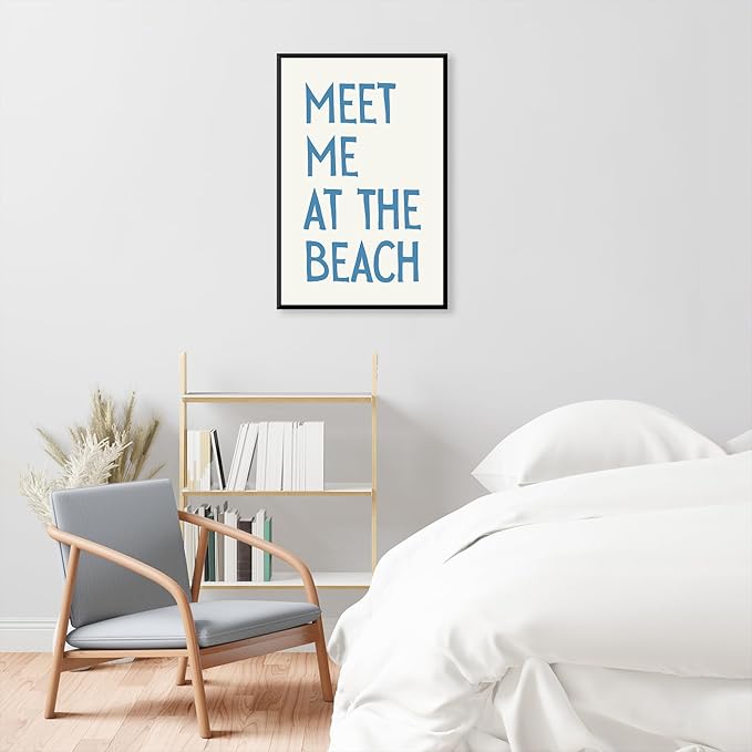 Trendy Meet Me At The Beach Posters Blue Coastal Cowgirl Wall Art Funky Summer Room Decor Vintage Beachy Canvas Prints Ocean Theme Aesthetic for Bathroom Apartment Bedroom 24x36in Metal Black Frame