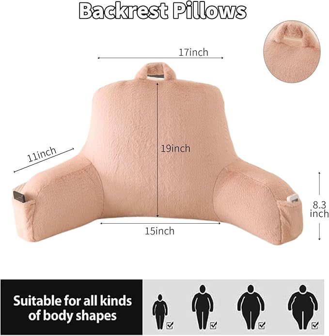 Reading Pillow for Sitting in Bed, Large Backrest Reading Pillow with Arm Rest,Back-Rest Support Cushion for Sit Up on Couch, Sofa, and Floor(Shell Pink Faux Fur, Standard(17"))