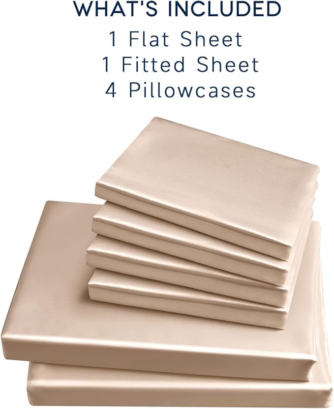 Satin Sheets Queen Size - 6 Pieces Luxury Silky Soft Bed Sheets, Wrinkle-Free Champagne Satin Silk Sheet Set with 1 Deep Pocket Fitted Sheet, 1 Flat Sheet, 4 Pillow Cases