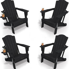 Adirondack Chair Set of 4, Folding All-Weather Outdoor HDPE Patio Chair with Cup Holder, Black