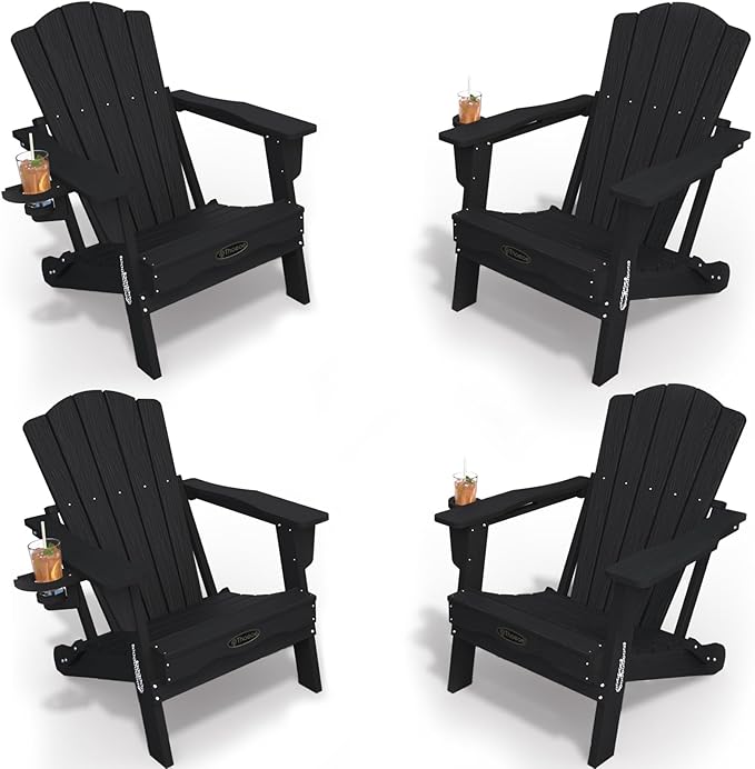 Adirondack Chair Set of 4, Folding All-Weather Outdoor HDPE Patio Chair with Cup Holder, Black