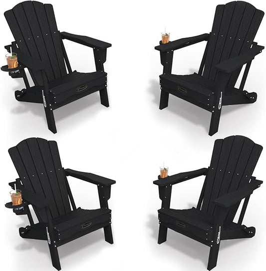Adirondack Chair Set of 4, Folding All-Weather Outdoor HDPE Patio Chair with Cup Holder, Black