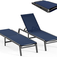 Ciokea Patio Chaise Lounge Chair, Foldable Lounge Chair for Outside, Aluminum Chairs Set of 2 with 5 Adjustable Backrest, Outdoor Pool Lounger for Poolside, Lawn, Deck, Navy Blue