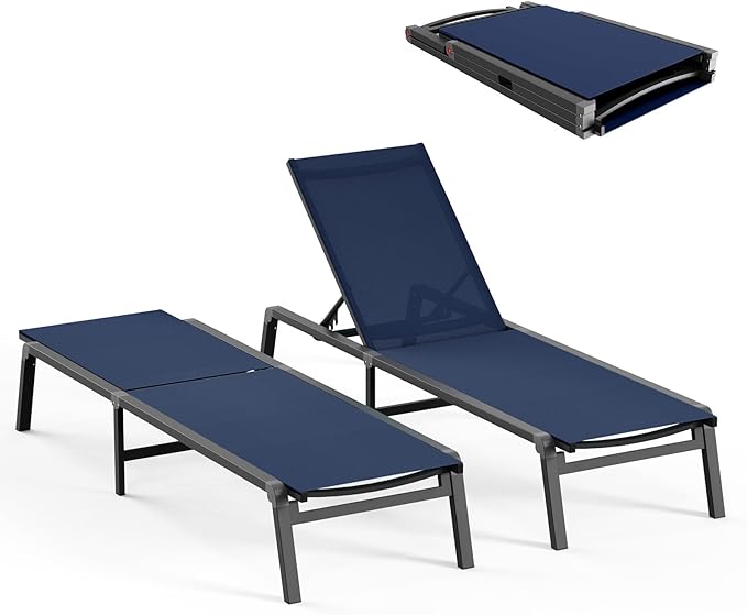 Ciokea Patio Chaise Lounge Chair, Foldable Lounge Chair for Outside, Aluminum Chairs Set of 2 with 5 Adjustable Backrest, Outdoor Pool Lounger for Poolside, Lawn, Deck, Navy Blue