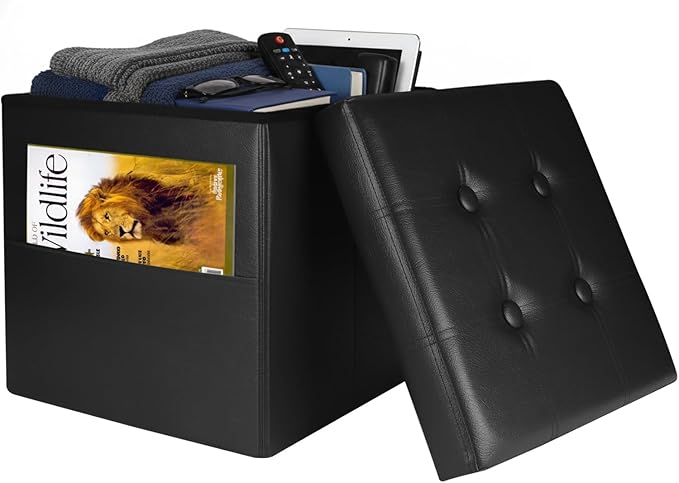 Storage Ottoman Foot Rest Stool, Small Leather Storage Ottomans Bench, Folding Footstool with Side Pockets, Foot Rest Under Desk for Living Room Bedroom, 15x15x15 in, Black