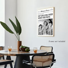 Vintage Women Times Newspaper Canvas Wall Art Black and White Aesthetic Poster Funky Hot Girl Eating Pasta Fashion Prints for Italian Kitchen Bar Cart Girly Dorm Room Art Posters 12x16inch Unframed