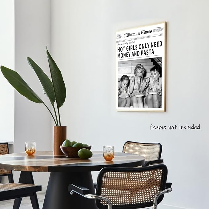 Vintage Women Times Newspaper Canvas Wall Art Black and White Aesthetic Poster Funky Hot Girl Eating Pasta Fashion Prints for Italian Kitchen Bar Cart Girly Dorm Room Art Posters 24x36inch Unframed