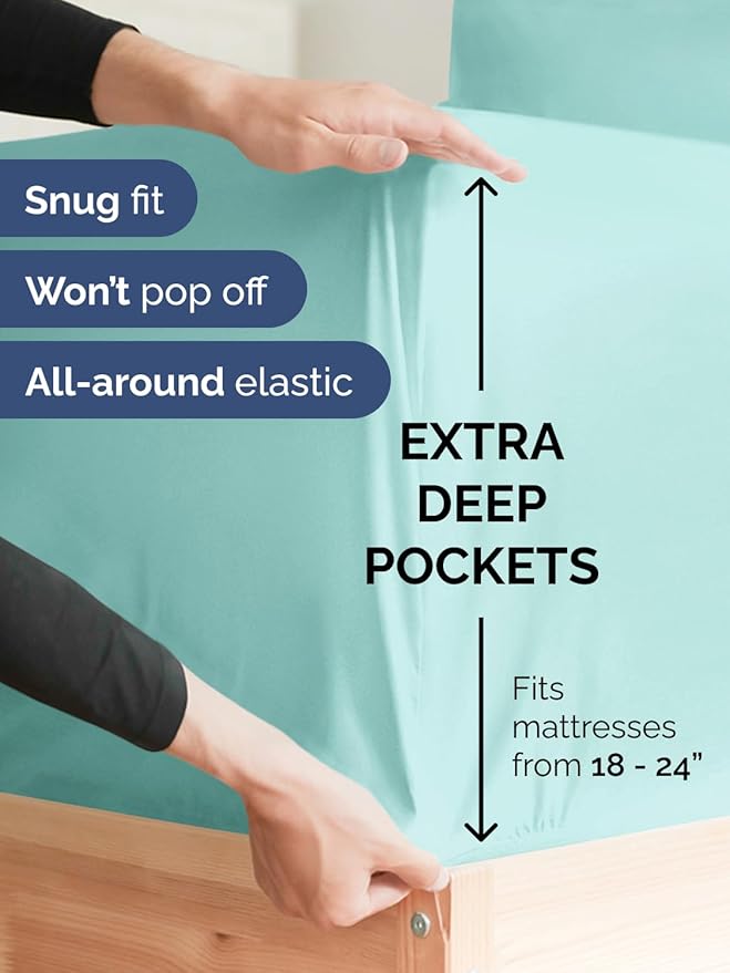 Extra Deep Pocket Split King Sheets - 5 Piece Breathable & Cooling Bed Sheets - Hotel Luxury Sheet Set - Soft, Wrinkle Free & Comfy - Easily Fits Extra Deep Mattresses - Deep Pocket Spa Blue Sheets