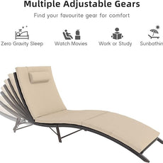 Patio Chaise Lounge Set 3 Pieces Pool Lounge Chairs,Cushioned Outdoor Folding Lounge Chair w/Rattan Adjustable Backrest for Poolside Porch,Folding Table Included,Sand