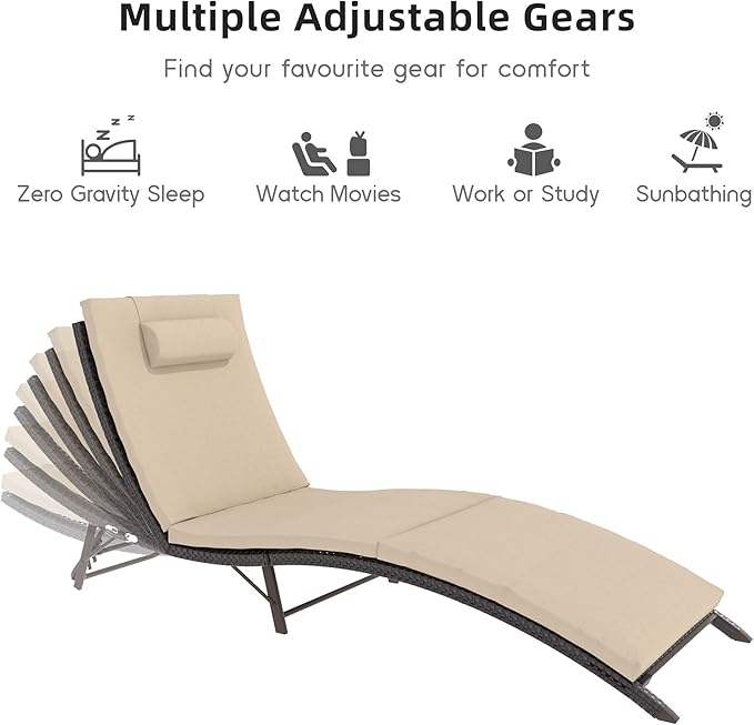 Patio Chaise Lounge Set 3 Pieces Pool Lounge Chairs,Cushioned Outdoor Folding Lounge Chair w/Rattan Adjustable Backrest for Poolside Porch,Folding Table Included,Sand